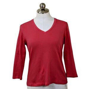 V-Neck Carole Little Womens Pima Cotton Red 3/4 Sleeve Top M